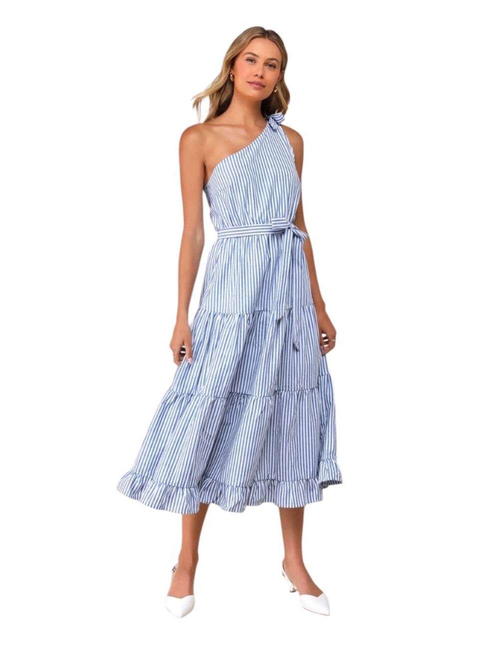 Lulu's Gleeful Getaway Blue and White Striped One-Shoulder Midi Dress